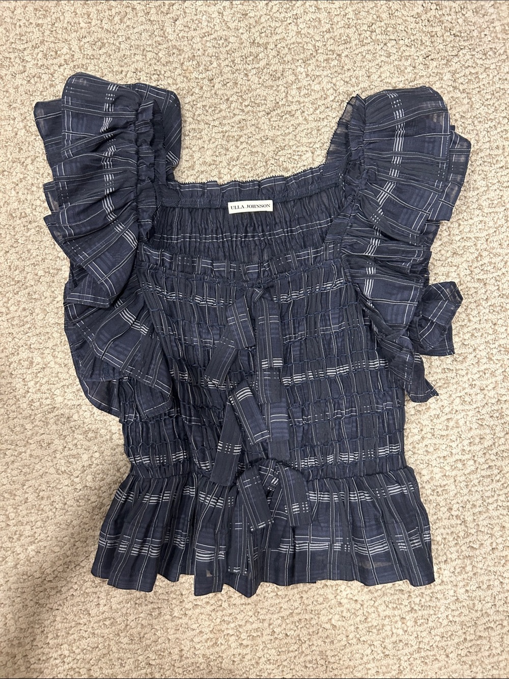 Ulla Johnson Navy Plaid Smocked Ruffle Peplum Top